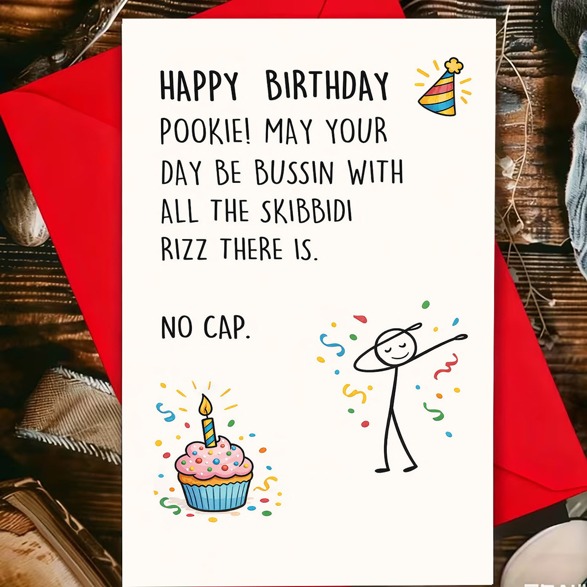 TEMU 1 Carte d'anniversaire amusante « Pookie Happy Birthday No Cap Skibidi Rizz » ambiance, avec un chapeau de fête, des cupcakes et des , convient