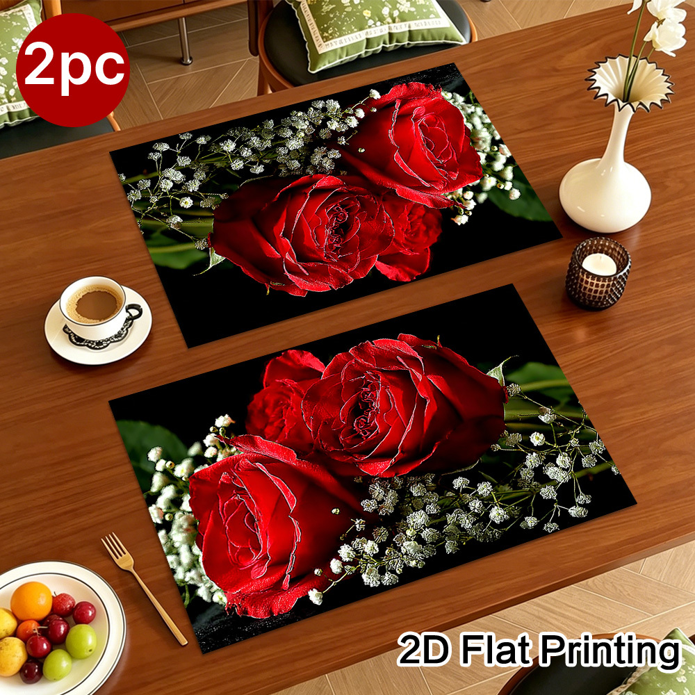 TEMU Set de table 2D plat à imprimé roses rouges avec , lavable, pour table à manger, cuisine et décoration de fêtes, parfait pour tables basses et