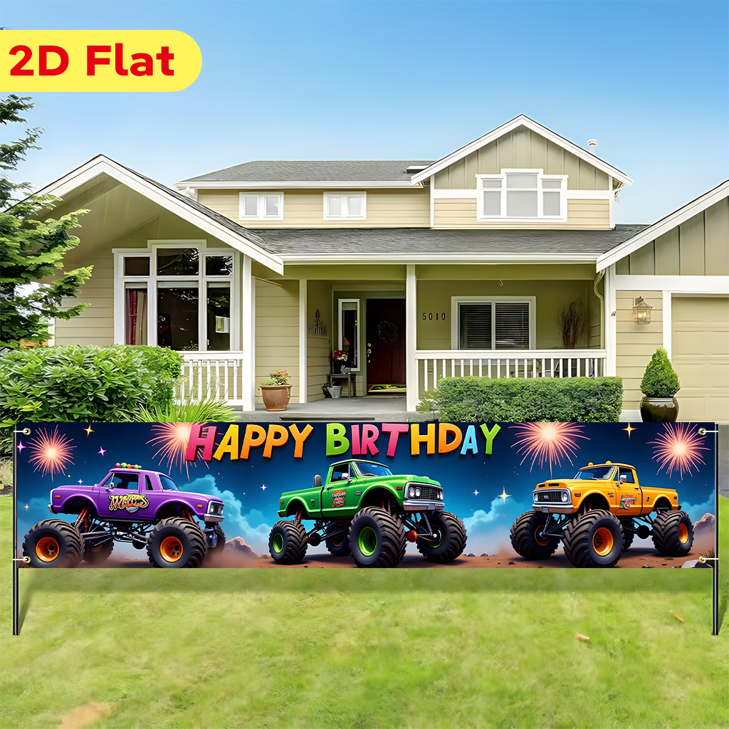 TEMU 2d Flat, 2d Flat Banner 1pc, Monster Trucks Birthday Celebration, Beautiful Large Yard Banner, Birthday Party Anniversary Celebration,