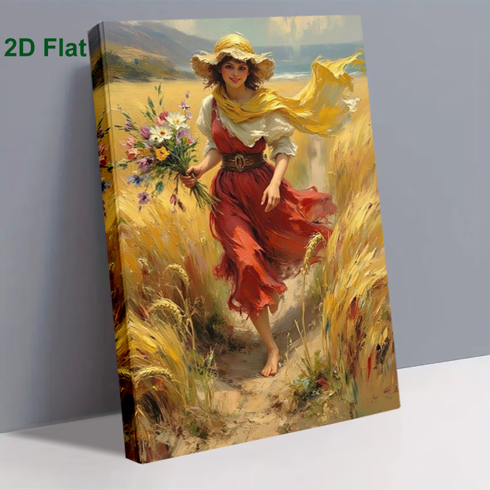 TEMU 2d Flat, 2d Flat, [2d Flat] 1pc, Framed Canvas Painting, Girl With Flowers , Suitable For Decorating Living Room, Bedroom, Study, Dining Room, ,