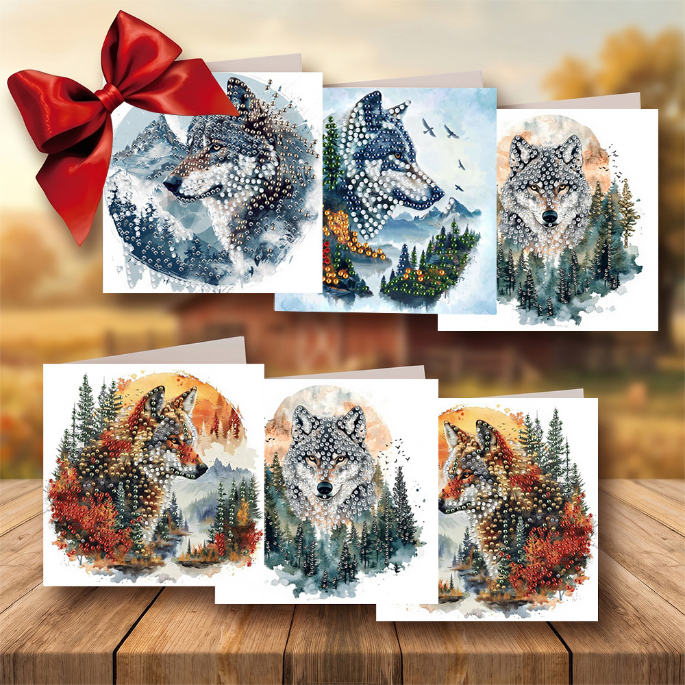 TEMU 6pcs Unique And Creative Cartoon Wolf Theme Birthday Cards, Design. Round Rhinestone Painting Card Handmade Craft Kit Includes 6pcs Cards, 6pcs