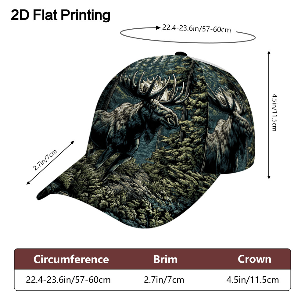 TEMU 1pc 2d Flat Moose In Forest Printed Baseball , Lightweight, Breathable, And Adjustable, Ideal For Street And Outdoor Sports, Hand Wash Or ,