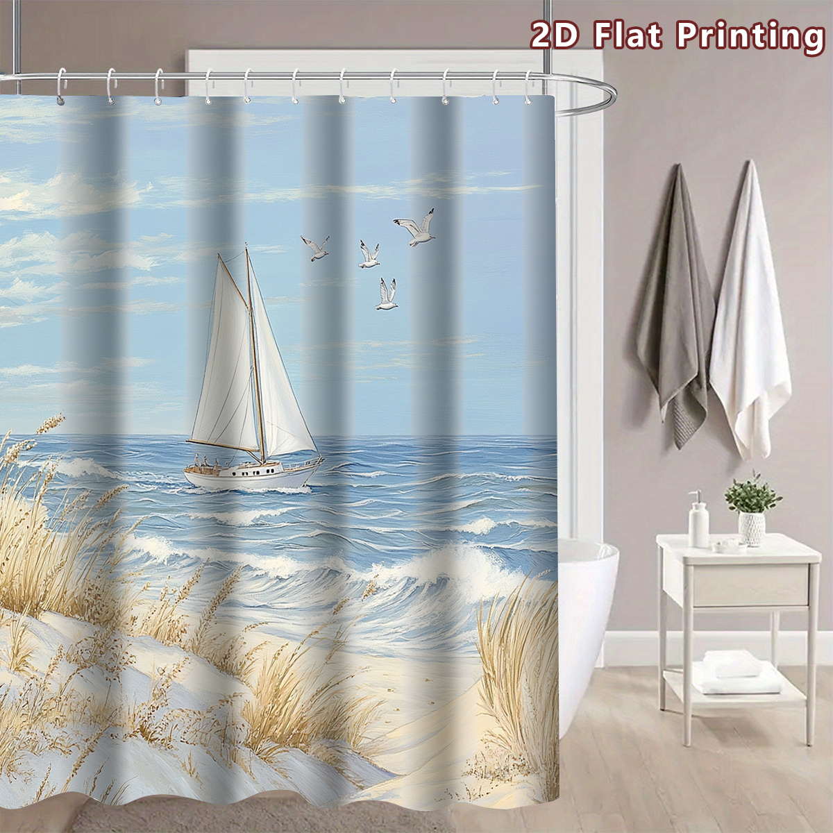 TEMU 2d Flat, 2d Flat, 1pc 2d Flat Sailboat Seagull Coastal Shower Curtain, Bathroom Decor, Options (80x180cm, 120x180cm, 150x180cm, 180x180cm,