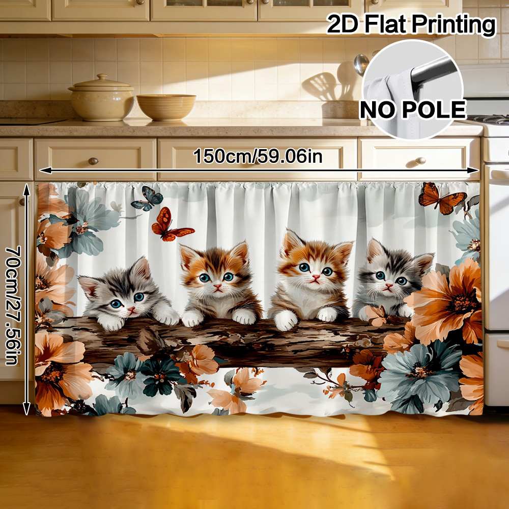 TEMU 2d Flat - 2d Flat - 1pc Autumn Kittens And Flowers Curtain & Cabinet Decor, Suitable For Home Decoration Such As Bathrooms, Living Rooms,