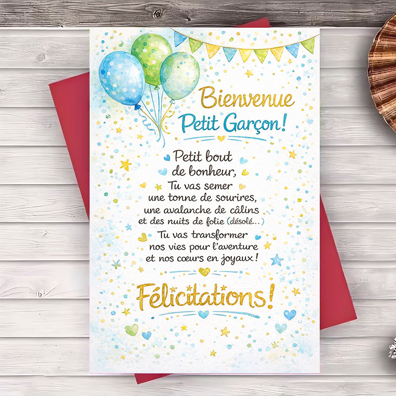 TEMU Carte de vœux et 1 enveloppe Bébé garçon Félicitations avec ballons et festifs