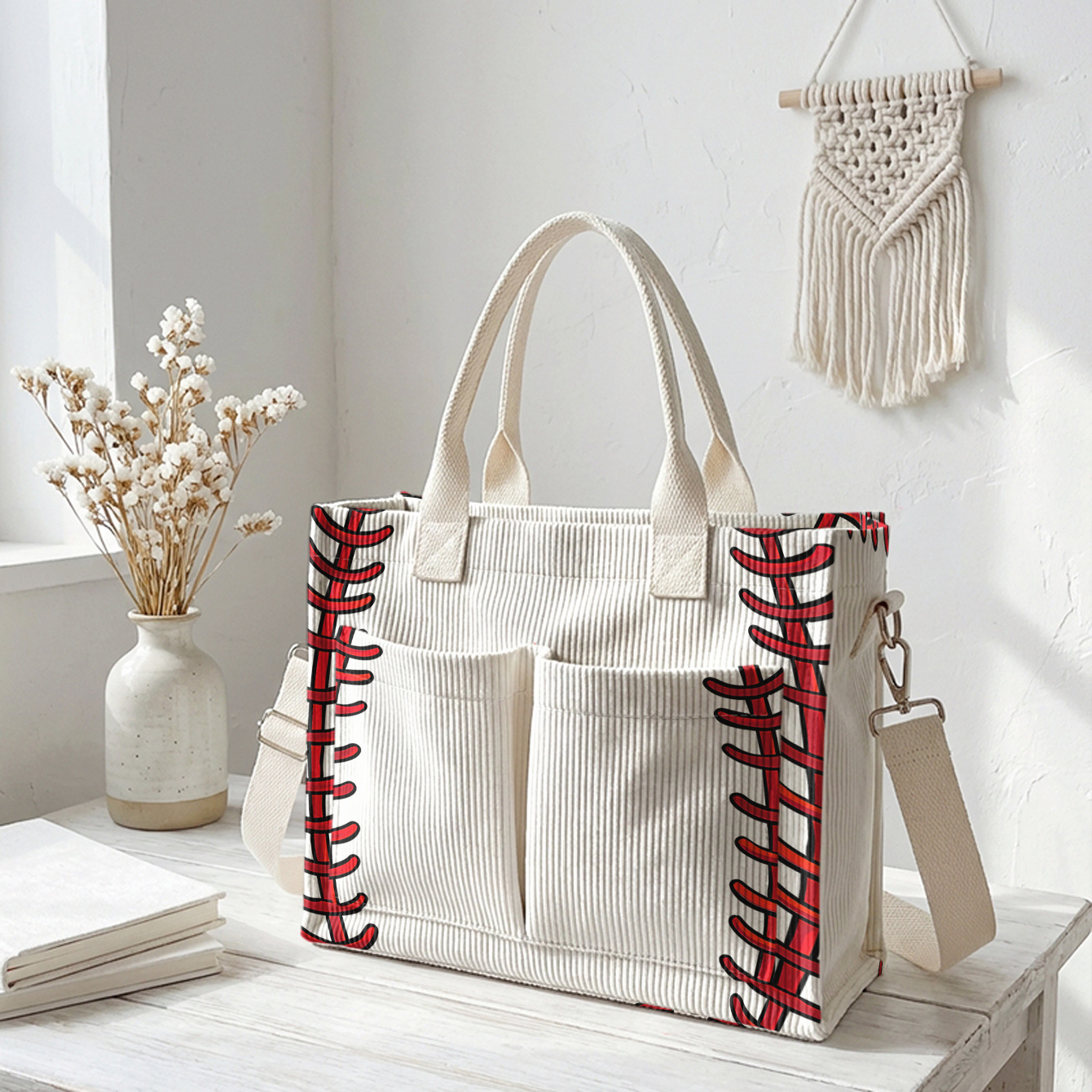 TEMU 1pc, Women's Crossbody Bag, Baseball Stitching Pattern 2d Print, Corduroy Multi-pocket, Dual-use Tote/crossbody | Daily /shopping/student/office