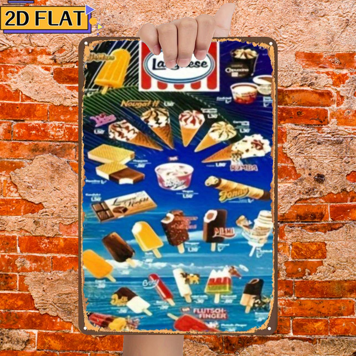 E-shop 2D Flach ., "Langnese Eis: Eine farbenfrohe Sammlung von gefrorenen Leckereien", Metall Eisen Schild, Größe (8"X12"/20Cm*30Cm) Dekorative