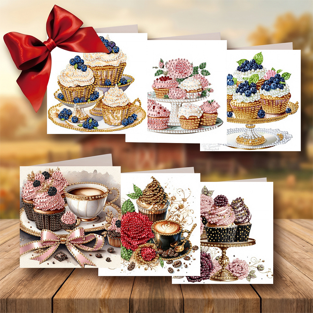 TEMU 6pcs Unique And Creative Cartoon Cake Tower Afternoon Tea Party Birthday Card Set, Design. Round Rhinestone Painting Card Handmade Craft Kit