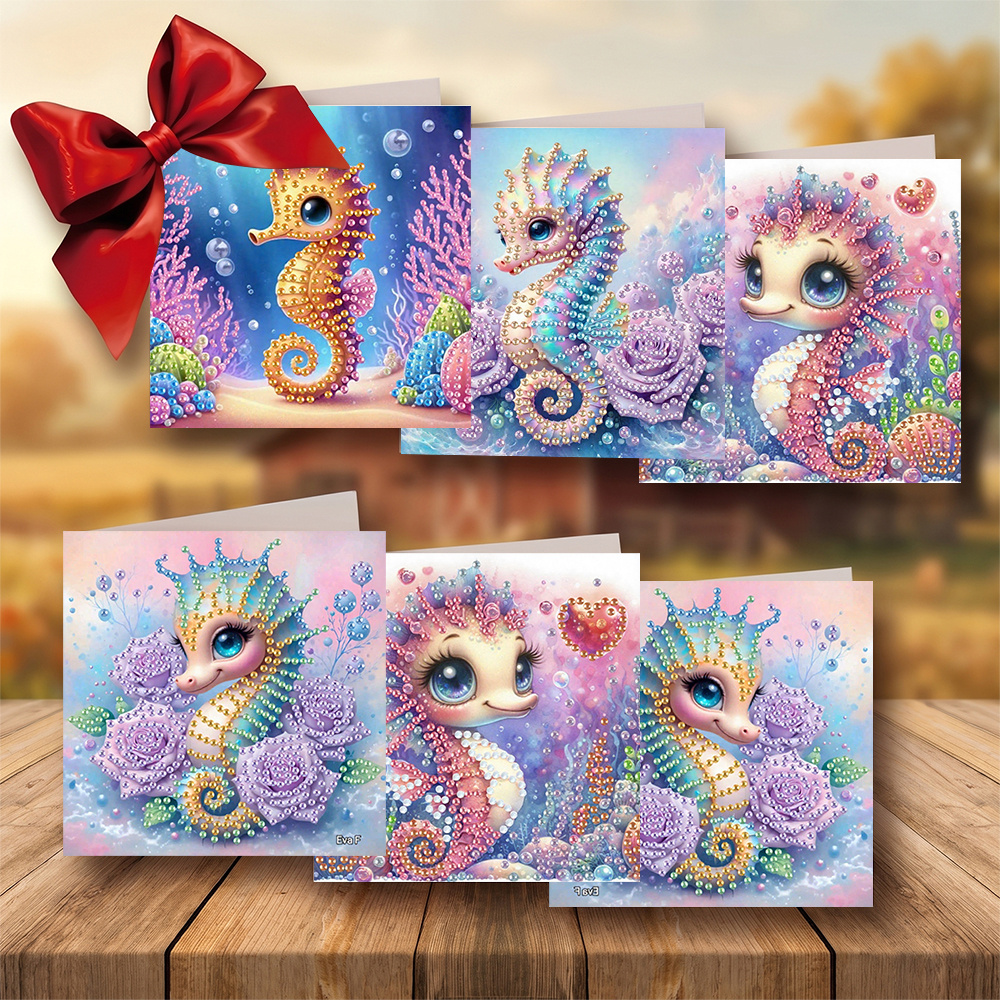 TEMU 6pcs Unique And Creative Cartoon Cute Seahorse Theme Birthday Cards, Design. Round Rhinestone Painting Card Handmade Craft Kit Includes 6pcs