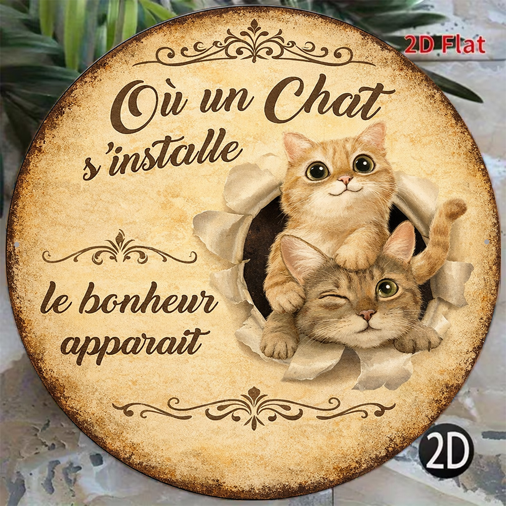 TEMU Plat 2D, 1 pièce Panneau mural décoratif vintage français avec chat " portent " - Plaque ronde adaptée pour café, décoration de cuisine avec