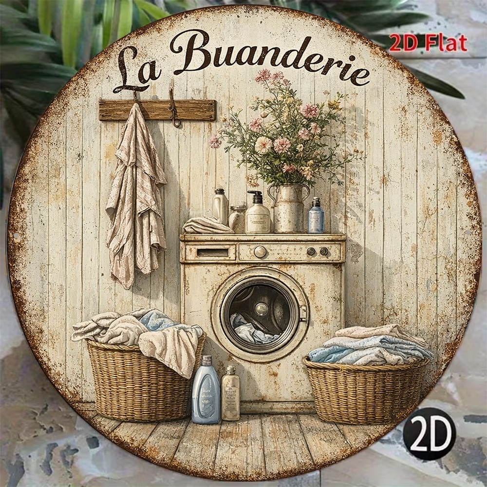 TEMU 2D Plat - 1pc 8 X 8In/20 X 20Cm Panneau Rond Plat 2D, Plaque Vintage sur le thème de la "Buanderie", Panneau Décoratif "", Convient pour la