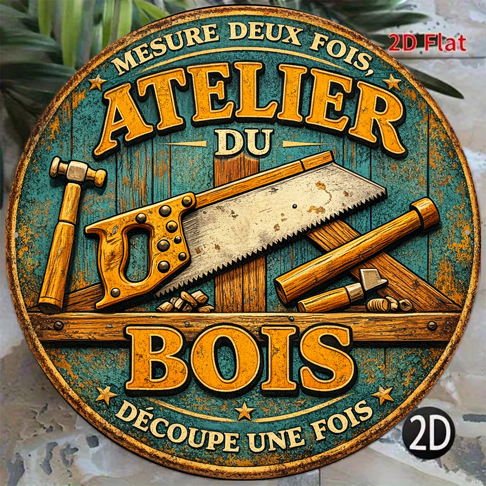 TEMU 2D Plat - 1pc 8X8In/20X20Cm Panneau Rond Plat 2D, Plaque Vintage sur le thème "Atelier de Travail", "Décoration d'Atelier de Travail" avec des