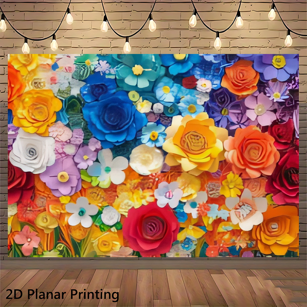 TEMU 2d Flat, 2d Flat - 2d Flat, 2d Flat - 2d Flat Banner 1pc, Colorful Paper Flower Art, Polyester Fiber Party Backdrop, Suitable For Multiple
