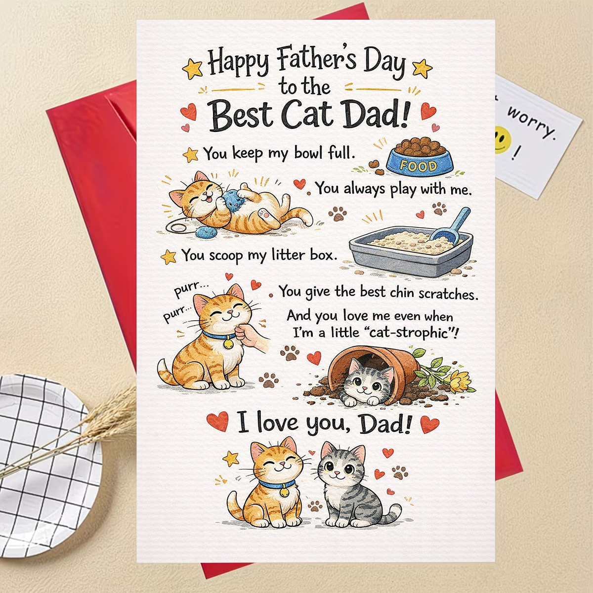 TEMU 1pc Cute Cat Dad Father's Day Card, "happy Father's Day To The Best Cat Dad, " Cats With Food Bowl, Litter Box And Purrs, A Cat Dad, Cartoon