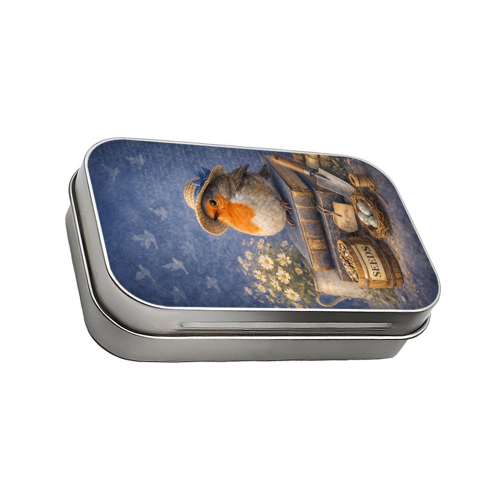 TEMU 1pc Square Metal Hinged Tin Box With Adorable Robin , Mini Lidded Storage Bins For Small Items, Decorative Storage Container, Ideal For Desk,