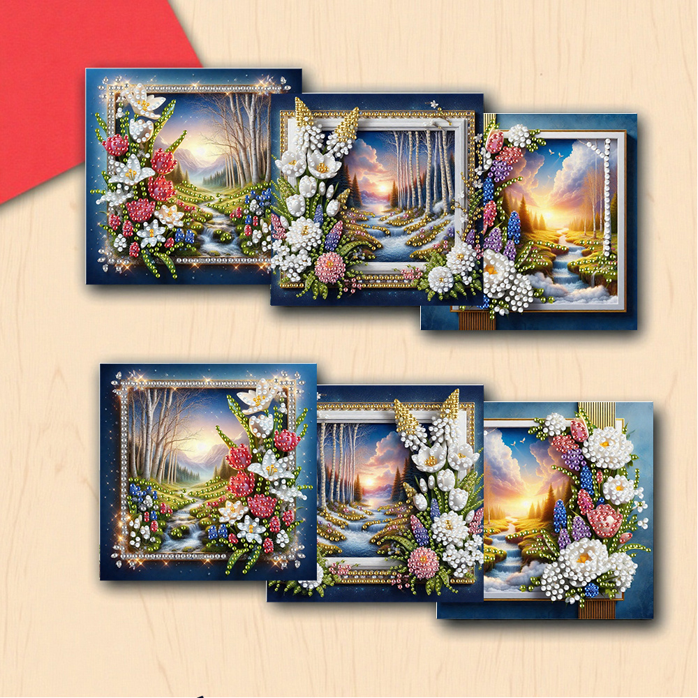 TEMU 6pcs Cadres Photo Uniques et Créatifs de Dessins Animés avec Paysage Floral , Cartes d'Anniversaire, Design Art Diamant. Kit d'Artisanat Fait