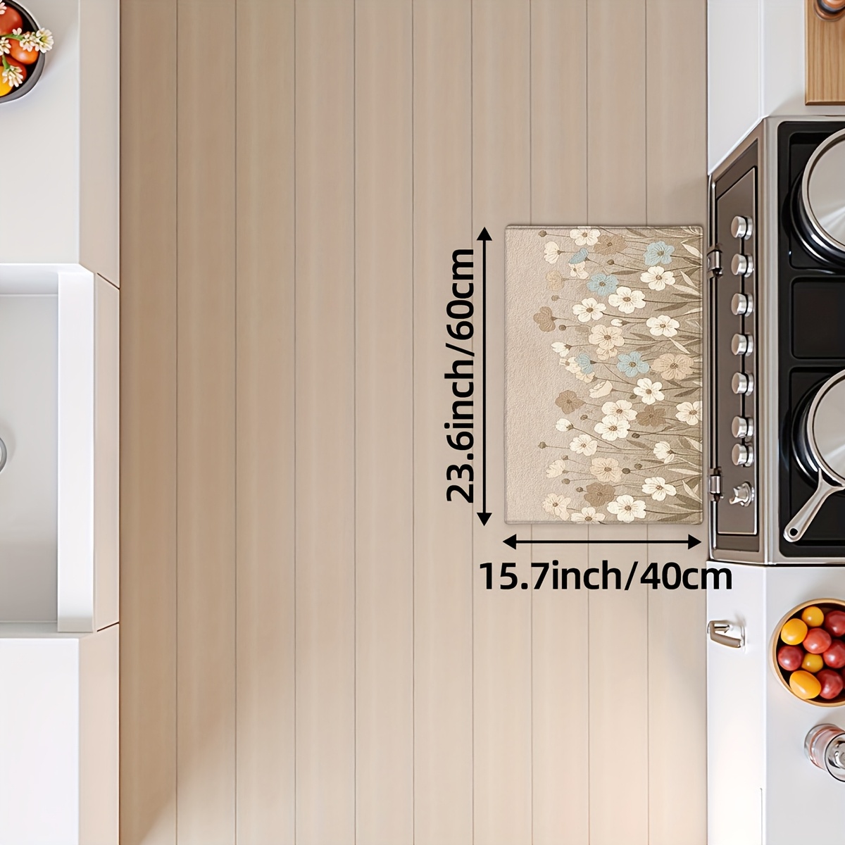 TEMU Tapis de cuisine plat 2D imprimé, antidérapant, lavable, à motif floral, pour sols, devant les éviers, dans les couloirs et comme décoration