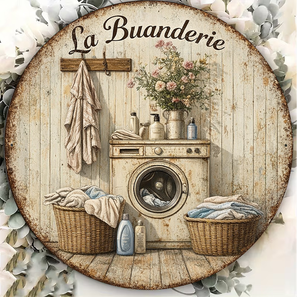 TEMU 2D Plat - 1pc 8 X 8In/20 X 20Cm Panneau Rond Plat 2D, Plaque Vintage sur le thème de la "Buanderie", Panneau Décoratif "", Convient pour la