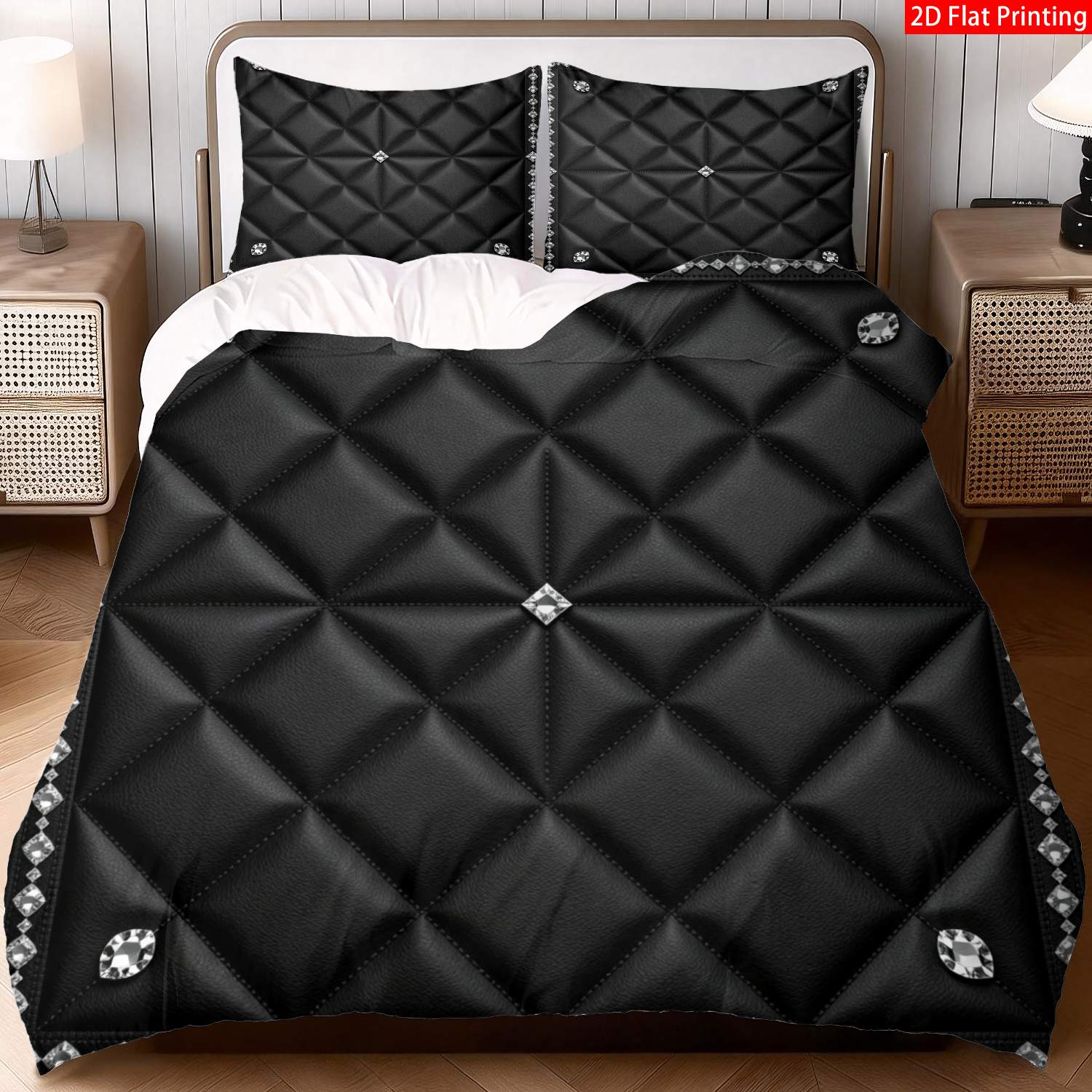 TEMU 2/3pcs 2d Flat Printing Luxury Diamond Pattern Quilt Cover Bedding Black With Rhinestone Border Print Suitable For Occasions (1 Duvet Cover And