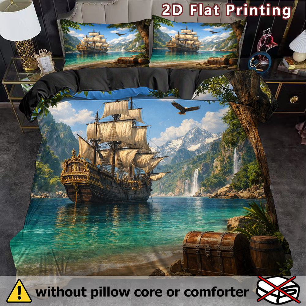 TEMU 3pcs 2d Flat Pirate Ship Duvet Cover Set, Realistic Tropical Print, Nautical Adventure Theme, Breathable Polyester, , Machine Washable, , No