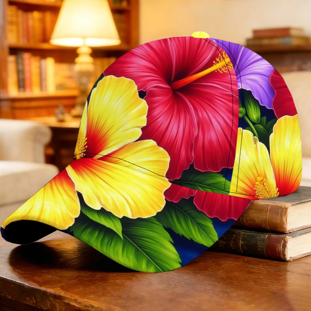 TEMU 1pc Hibiscus Baseball , Fashionable And Versatile Sun Hat, , Lightweight, Ventilated, Breathable, 100% Polyester, Adjustable Size, Cool Graphic