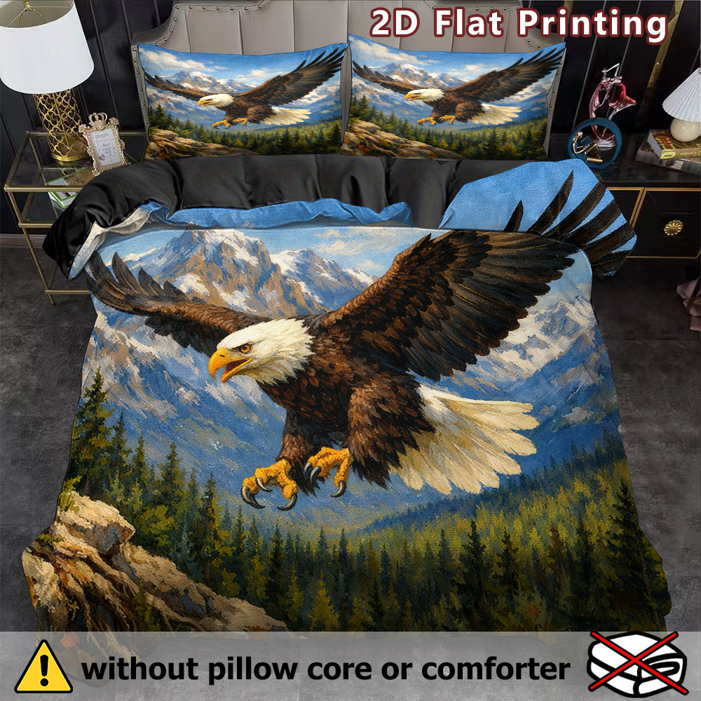 TEMU 3pcs 2d Flat Bald Eagle Duvet Cover Set, Oil Painting Texture, Wild Animal Theme, Breathable Polyester, , Machine Washable, , No Insert For