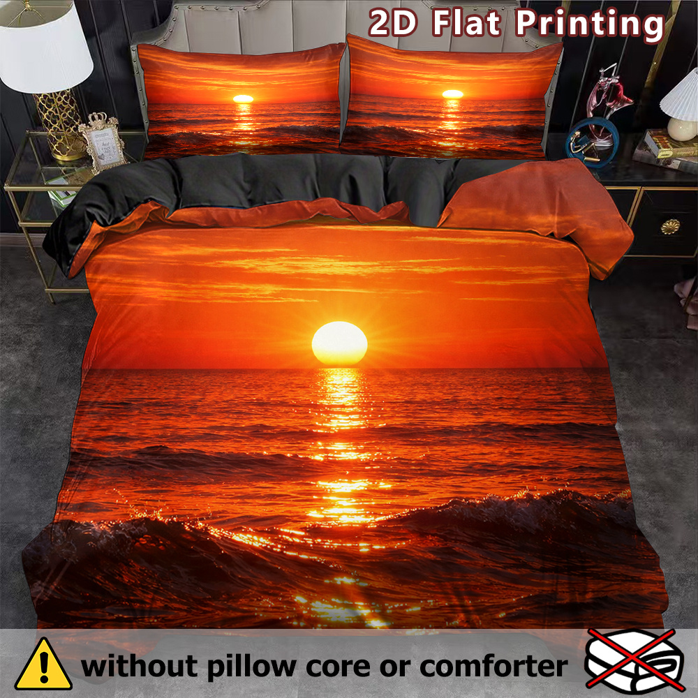 TEMU 3pcs 2d Flat Ocean Sunset Duvet Cover Set, Realistic Scenery Print, Nature Theme, Breathable Polyester, , Machine Washable, , No Insert For