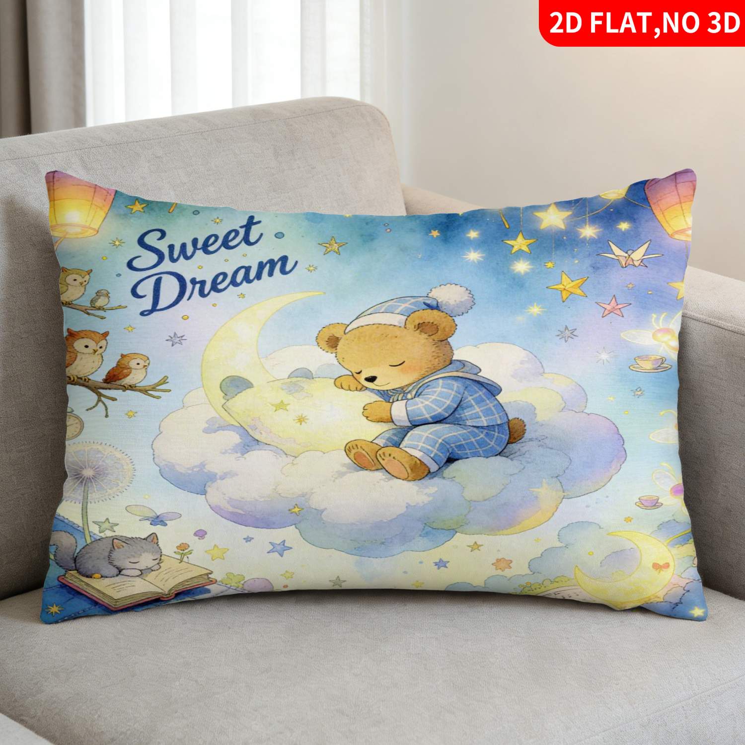 TEMU 1pc Pillowcase (pillow Inserts Not Included) 2d Flat Print Theme Color With Teddy Bear , Moon, Stars, Lanterns, , Cat Print Pattern Ideal For