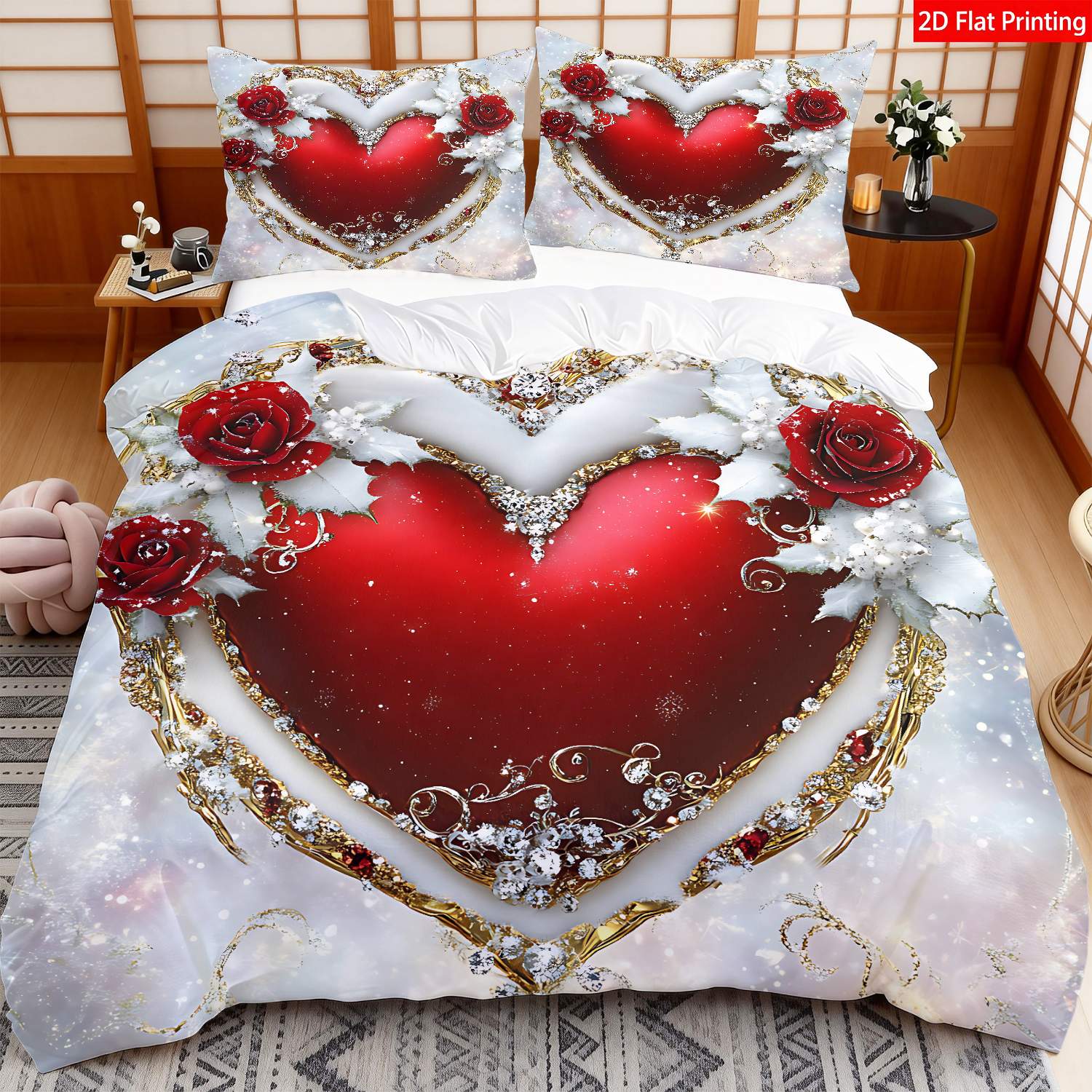 TEMU 2pcs/3pcs Bedspread Suitable For Occasions - Rhinestone Heart Bedding With & Snowflake Patterns, Brushed Comforter Cover & Pillowcases (no