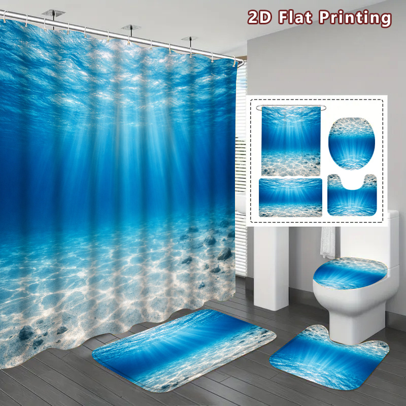 4pcs Underwater Ocean Shower Curtain Set with Accessories