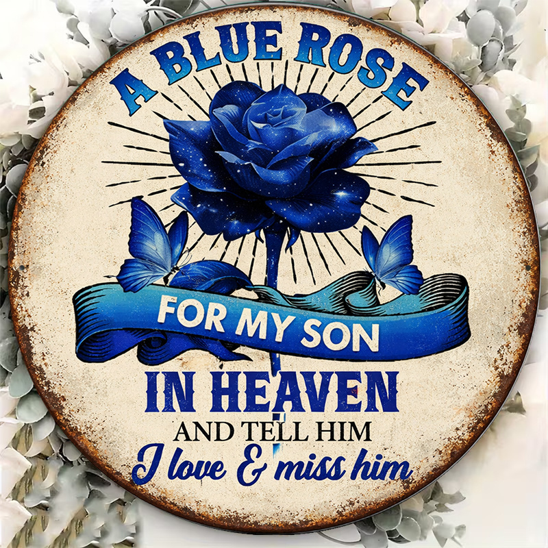TEMU 2d Flat, 1pc 1pc Blue Rose Memorial Plaque Suitable For "to My Son In Heaven" Sympathy Gift, Vintage Round Wall Sign With "i Love You And Miss