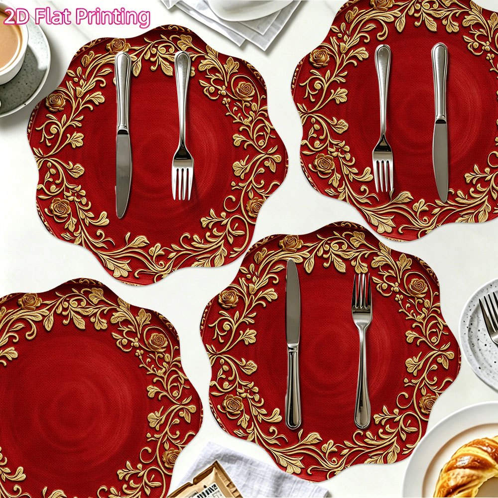 TEMU [2d Flat Printing] 6pcs Decorative Placemats With Retro Golden Floral Pattern And "rose Banquet" Slogan, Polyester Round Large Wave Placemats -