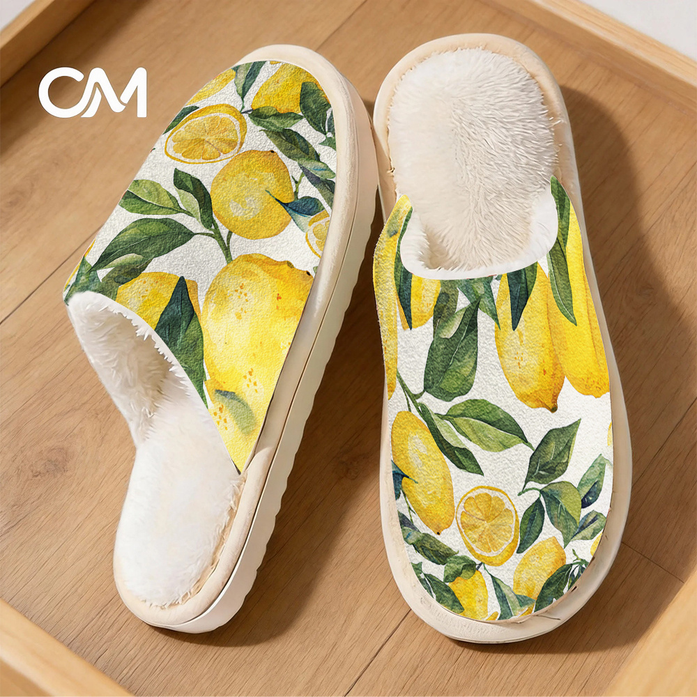 TEMU Lemon Fruit And Green Leaf Pattern House Slippers With Plush Lining And Non-slip Soles, Soft And Warm Winter Indoor/outdoor Home Shoes, Machine