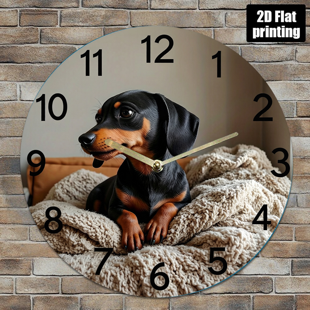 TEMU 2d Flat Wall Clock - Cute Dachshund Design Silent Acrylic Round Clock, Suitable For Living Room, Bedroom, Office, Kitchen Decor - Battery