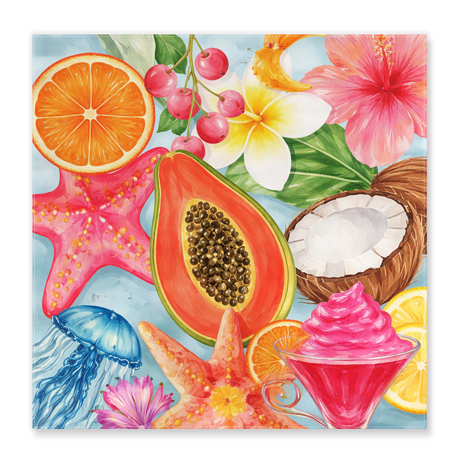 TEMU 2d Flat - 1pc 2d Printed Headscarf, 50x50cm. Tropical Fruit Flowers + Starfish Jellyfish Square Scarf. Lightweight And Suitable For , Featuring