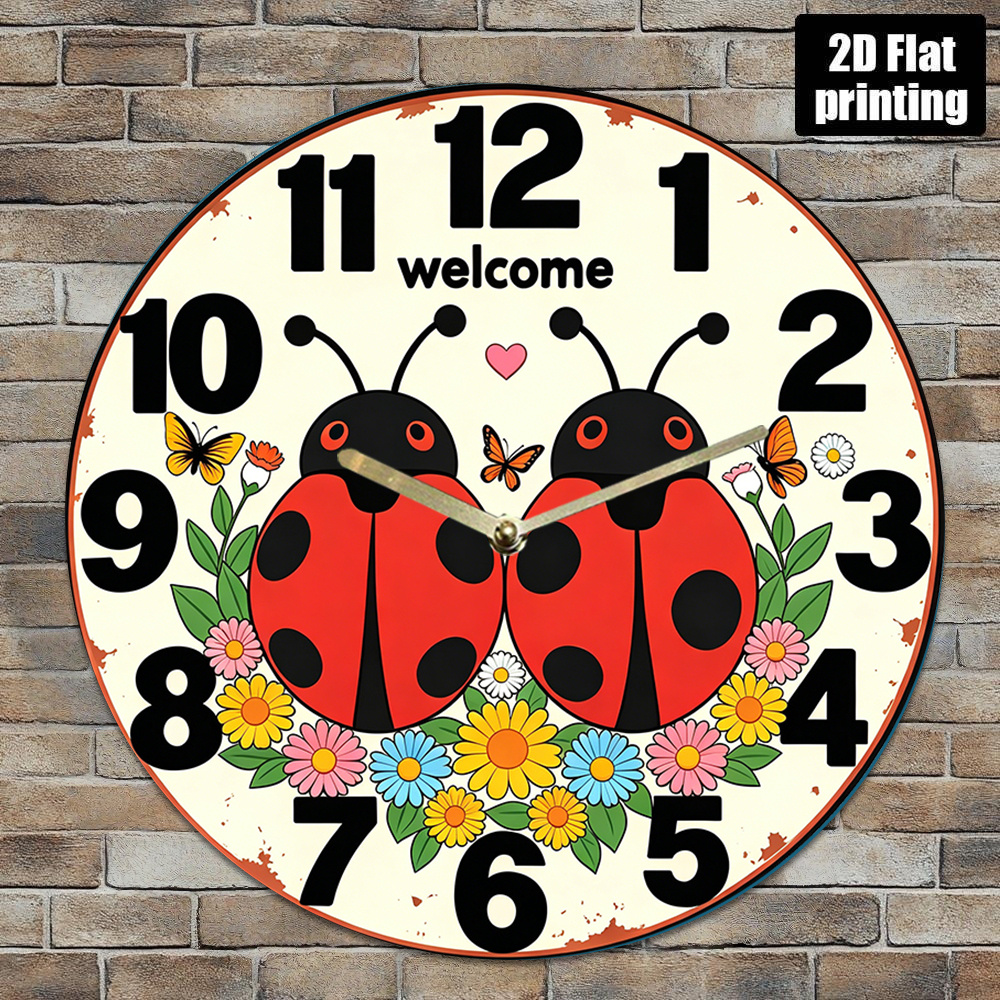 TEMU 1pc 8-inch 2d Flat Silent Wall Clock, Ladybug And Design, "welcome" Lettering, Acrylic Quartz, Perfect For Home, Room, Cafe Decor, Gift, Gift |