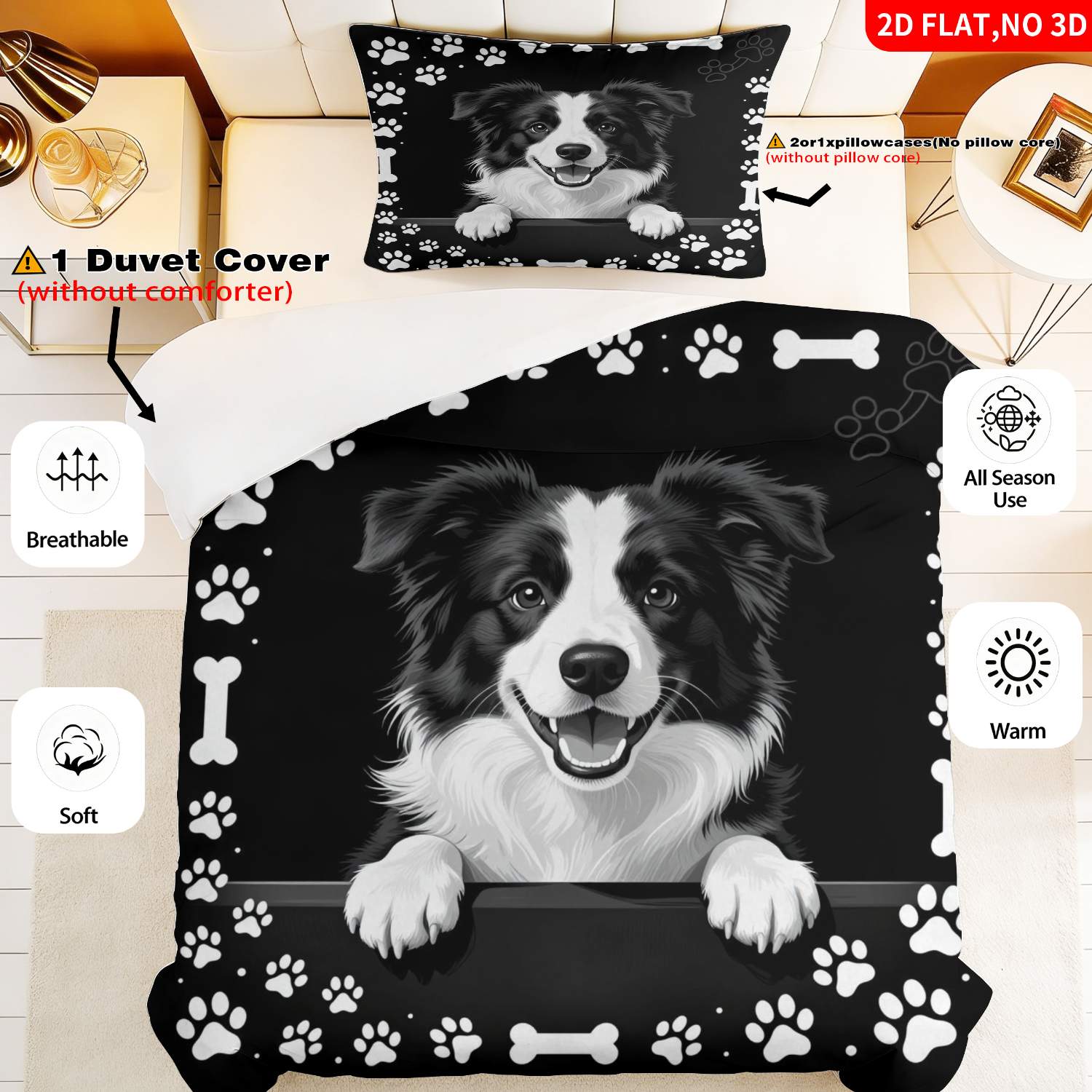 TEMU 2/3pcs 2d Flat Printing Themed Quilt Cover Bedding Black White Border Collie Dog Paw Bone Print Suitable For Multiple Sizes 4 Lining Colors Are