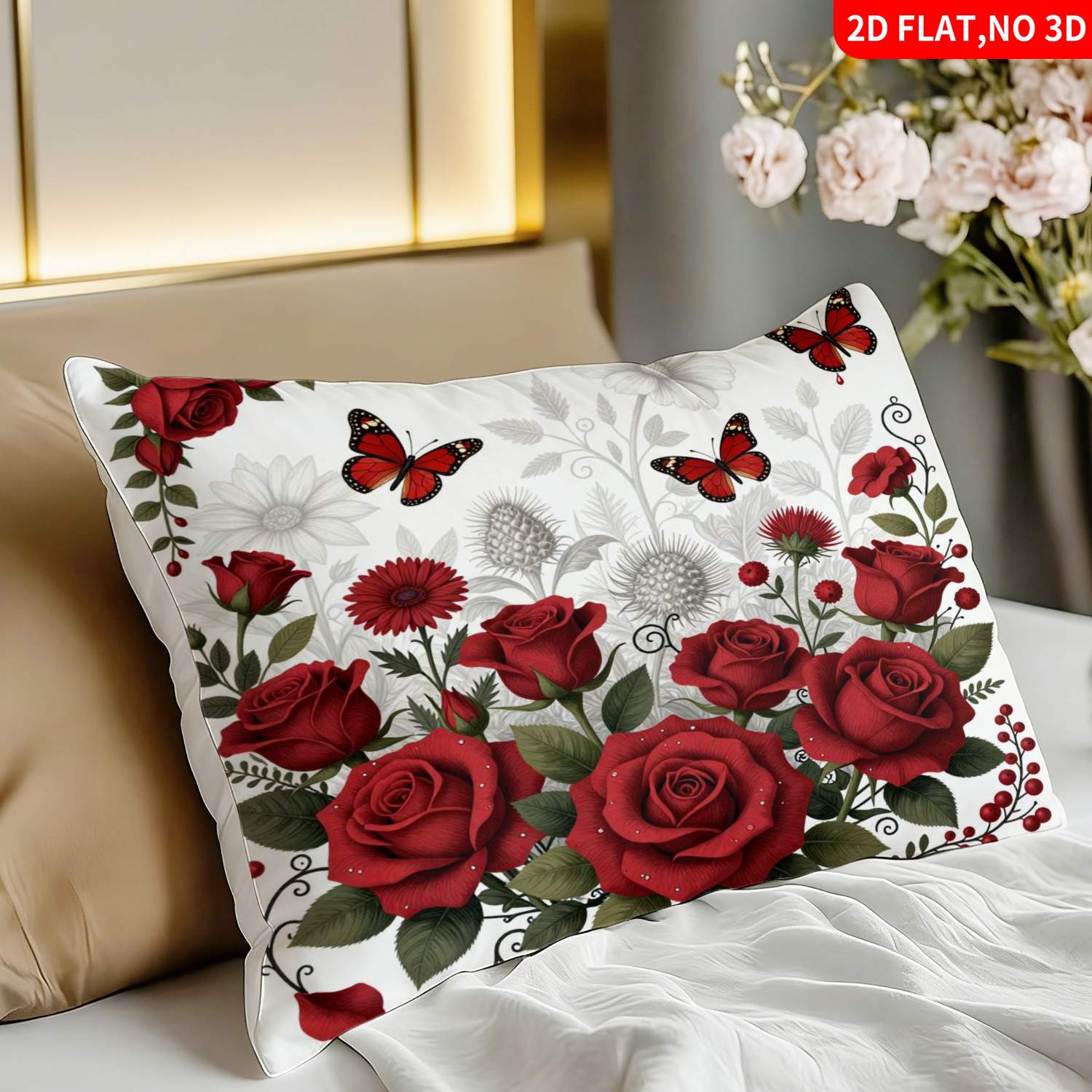 TEMU Taie d'oreiller 1 pièce (coussin non ) Imprimé plat 2D Style floral Motif imprimé de roses rouges avec papillons Idéal pour la décoration