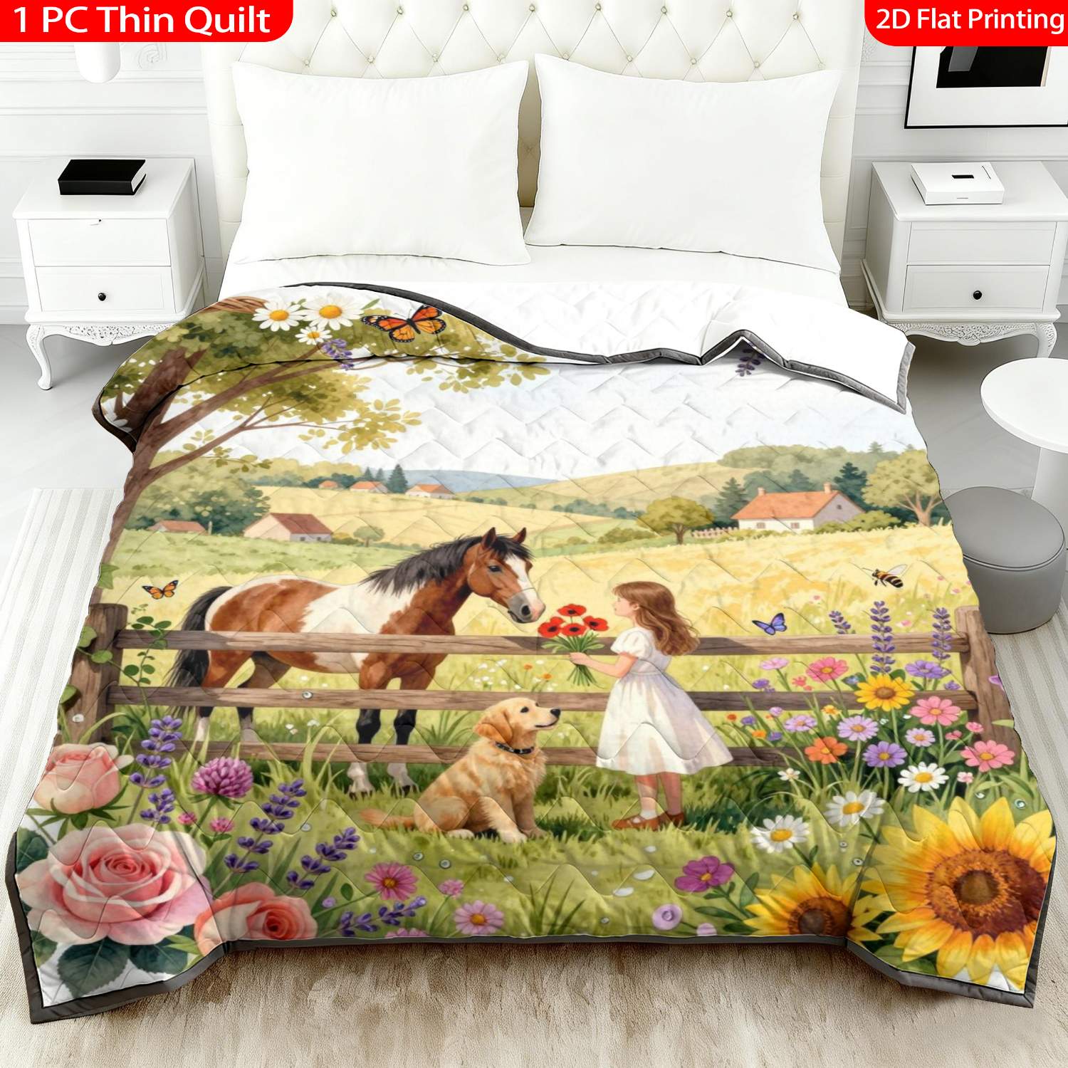 TEMU 1pc Thin Quilt 2d Flat Print Horse Girl Dog Sunflower Floral Print, Machine Washable And Resistant To Deformation Suitable, In Multiple Sizes,