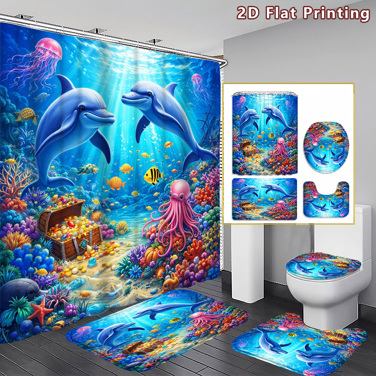 TEMU 2d Flat, 2d Flat 4pcs Underwater Dolphin Shower Curtain Set, Colorful Bathroom Decor, Accessories With Bath Mat, U - Shaped Mat, Toilet Lid