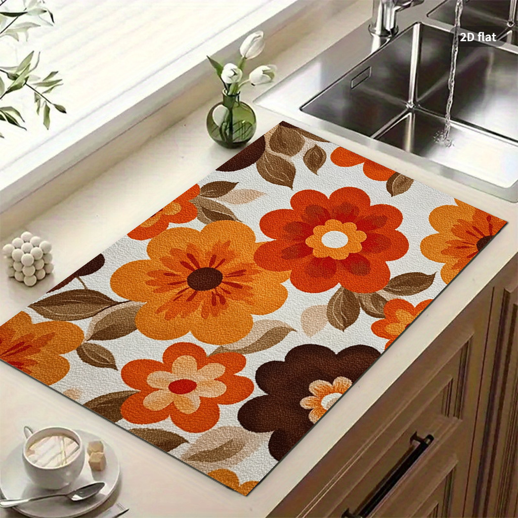 TEMU 1pc+2d Flat Printing Country Style, Colorful Flowers With Green Leaves Coffee Machine Mat, Table Mat, Dish Drying Mat, Counter Mat - Absorbent