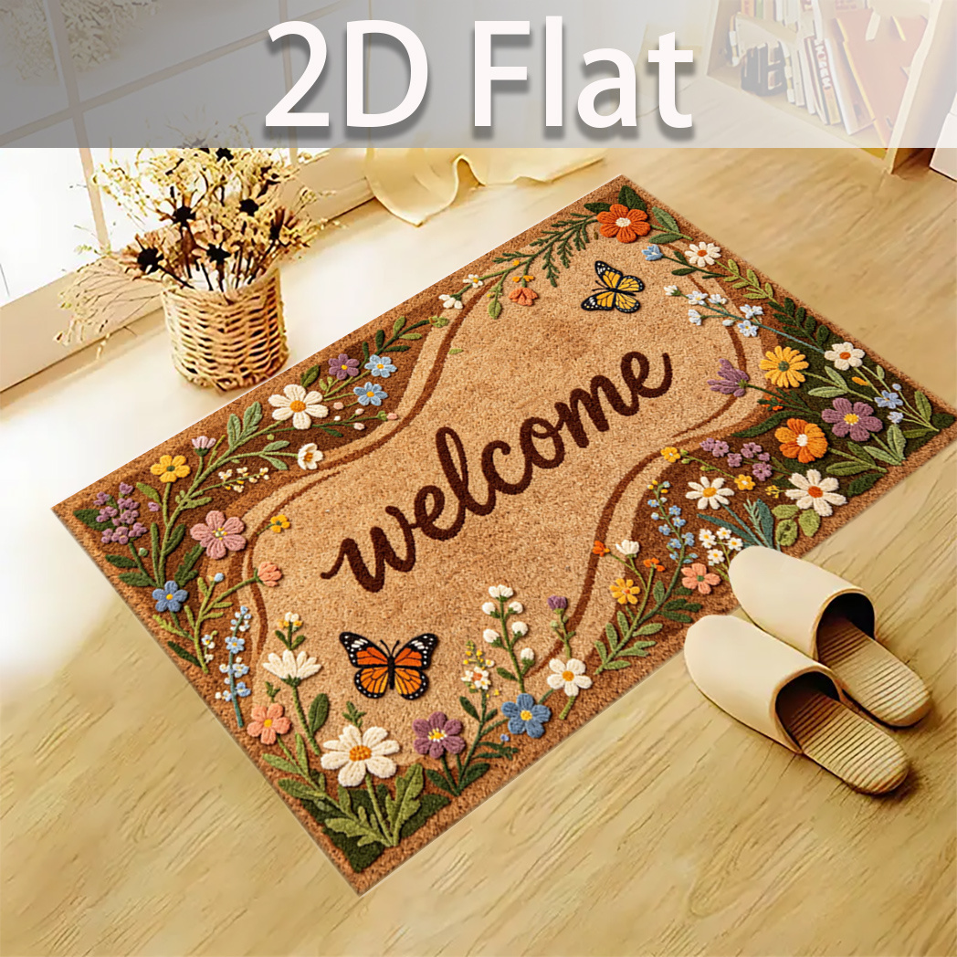 TEMU 2d Flat Floral Welcome Mat, Non-slip Door Mat, Suitable For Entrance Foyer, Room Area, Velvet, 850g/m2 Mdc, Mother's Day Decor | Father's Day
