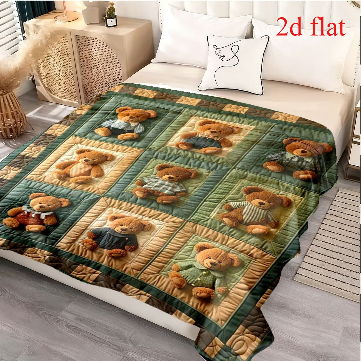 Vintage Teddy Bear Themed Printed Flannel Blanket for Cozy Naps