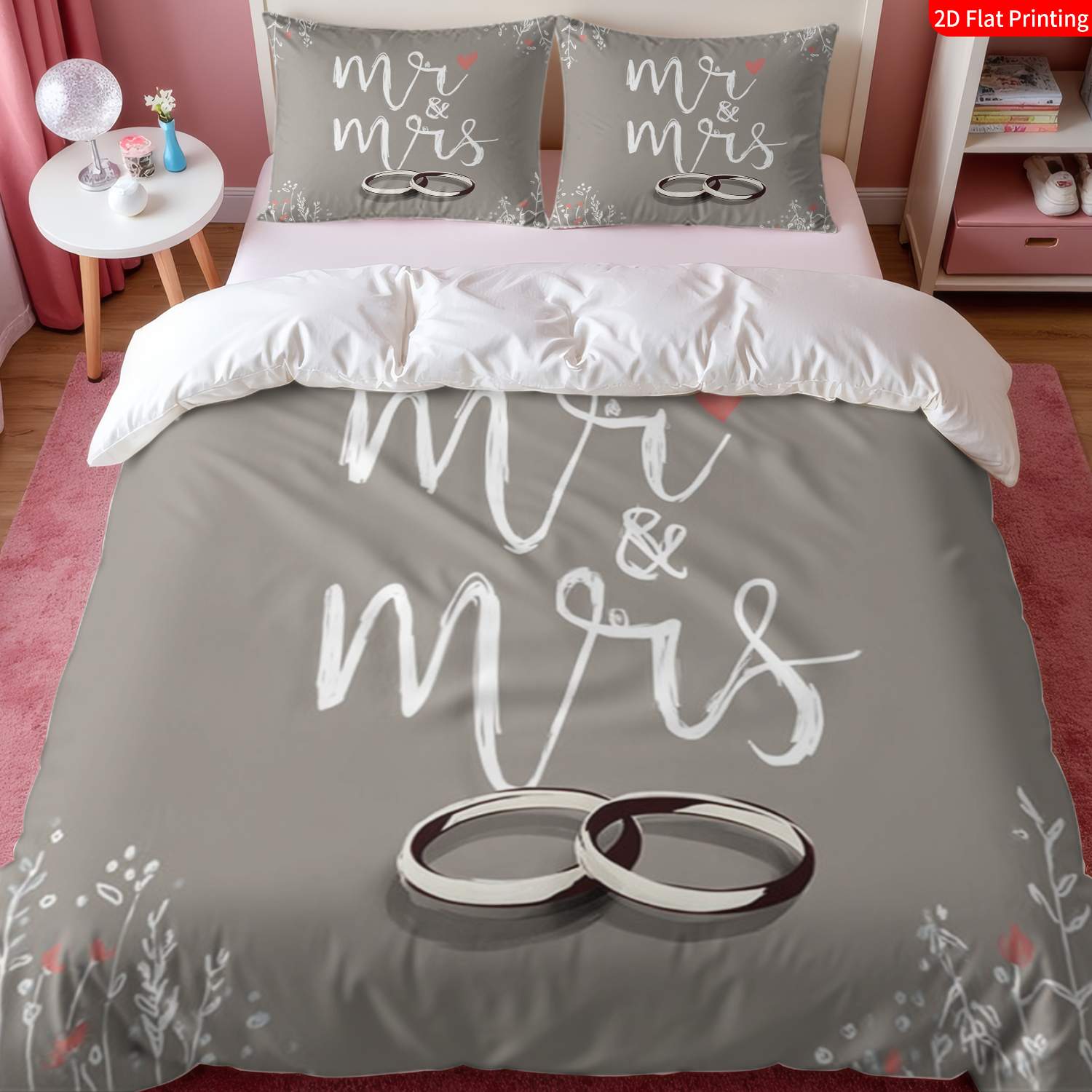 TEMU 2/3pcs 2d Flat Printing Romantic Quilt Cover Bedding Gray With Interlocking Rings Heart Floral Print Pattern And Text Suitable For Occasions (1