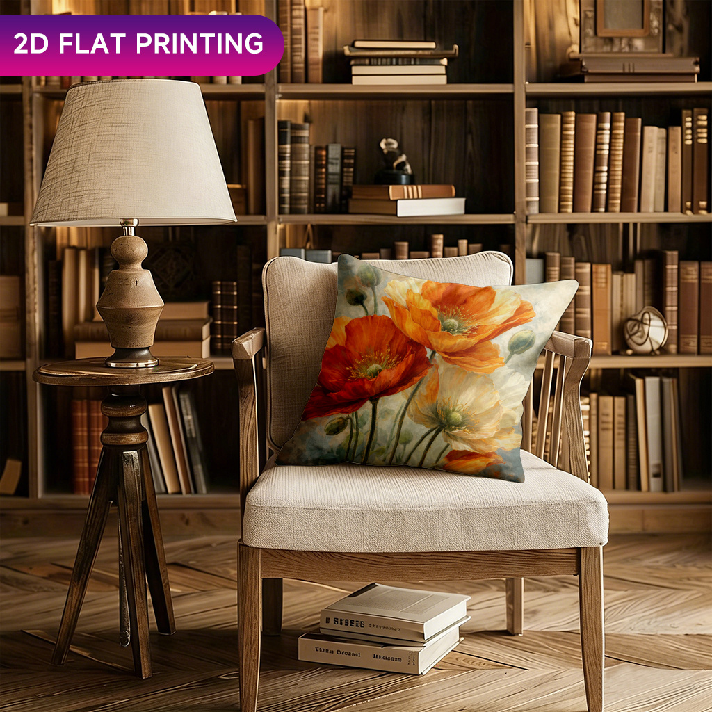 TEMU Pillowcase 1pc, Poppy Oil Painting Art, Suitable For Car Seat Cushions, Living Room Sofas, And Bedroom Pillows; Features A Zippered, Square