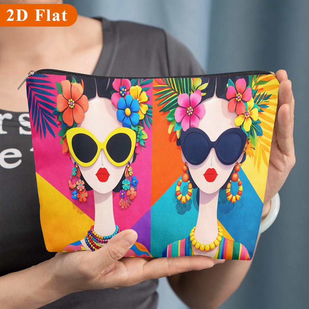 TEMU 1pc, Floral Decorated Artistic Portrait, A Patterned Cosmetic Bag, Suitable For Storing Women' Products, Perfect For Travel, School, Dormitory,