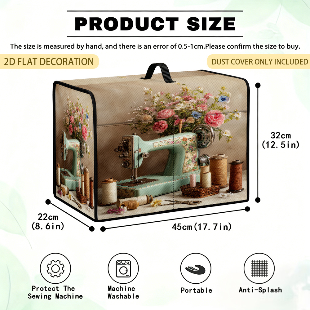 TEMU Funda para máquina de coser de 1 pieza con estampado plano 2D de máquina de coser carretes y flores, funda para máquina de coser con bolsillo de