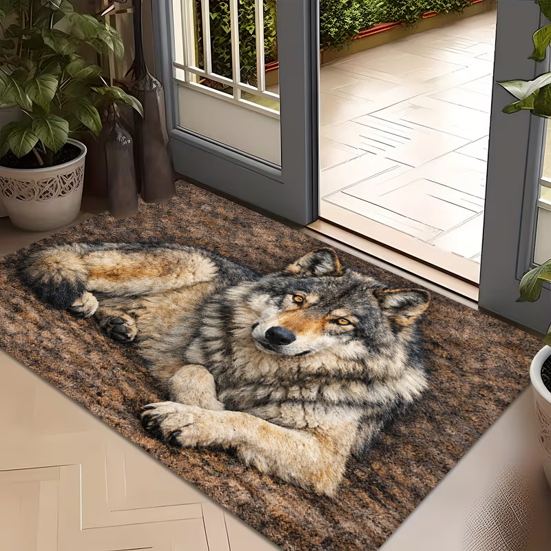 TEMU 1pc, Tapis de porte à motif loup avec impression plate 2D, Tapis d'entrée, Tapis en polyester antidérapant lavable en machine facile à nettoyer,