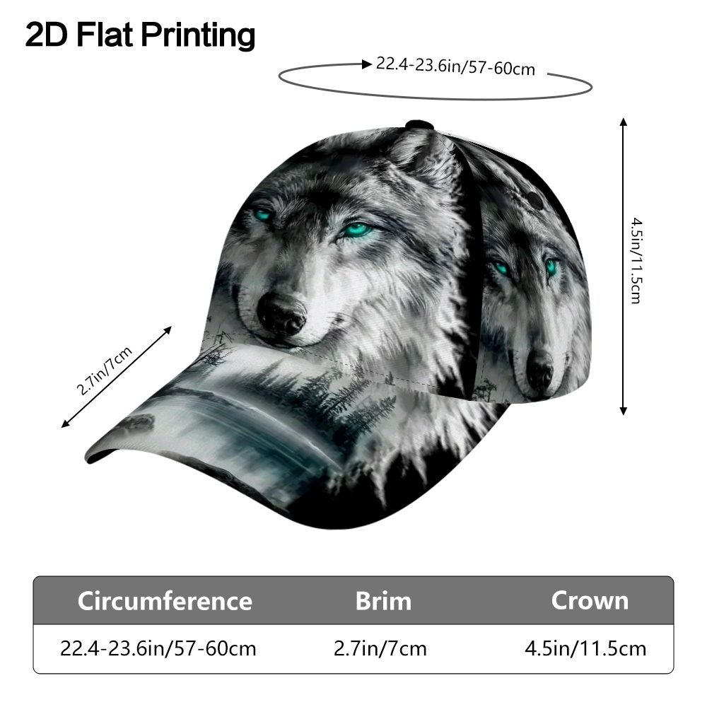 TEMU 1 pièce Casquette de baseball unisexe respirante et réglable avec impression 2D à plat, artistiques de loup et de forêt, parfaite pour les