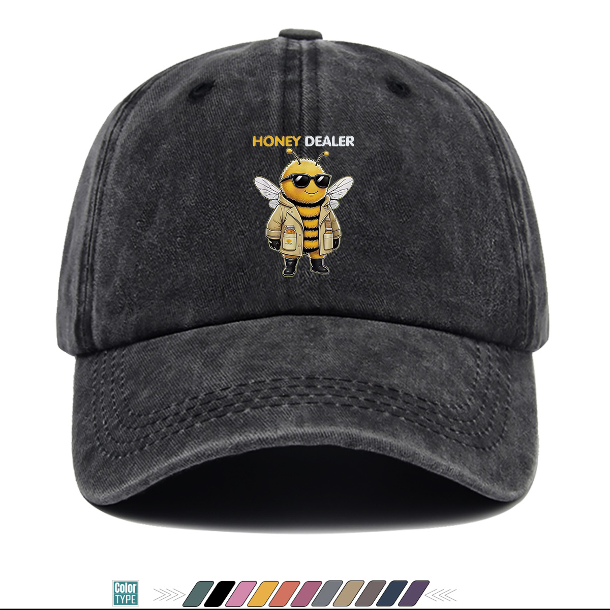 TEMU 1pc "honey Dealer" Print Baseball Cap Cartoon Bee Wearing Glasses And Trench Coat Pocket Honey Fashionable And Trendy Unisex Baseball Cap